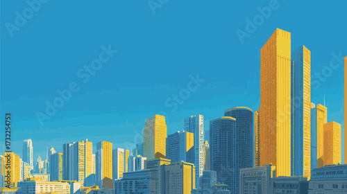 A vivid city skyline features tall buildings bathed in yellow light. The clear blue sky enhances the lively atmosphere of this urban landscape.