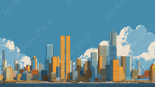 A bright city skyline showcases tall buildings and colorful architecture under a clear blue sky. Fluffy clouds add charm to the urban scene, creating a lively atmosphere.