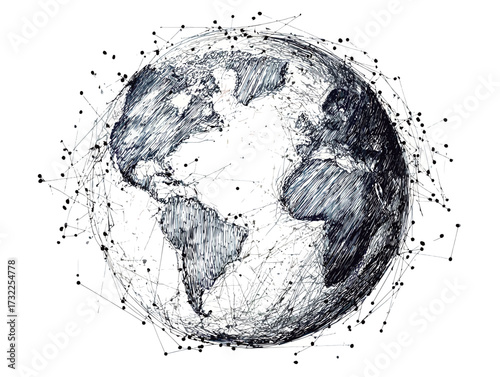 A detailed illustration showcases the globe surrounded by interconnected lines and dots, symbolizing global connections in a modern and artistic manner.