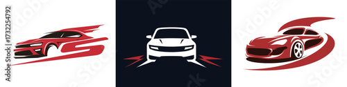 Three sleek car logos showcase vibrant red accents on dark backgrounds, highlighting dynamic shapes that embody speed and innovation in automotive design.