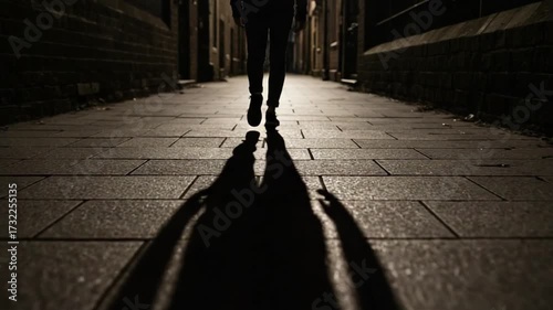Person walking alone at night on a dark street with long shadow.
