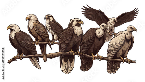 A detailed illustration depicting a diverse group of birds of prey, including eagles, falcons, and vultures, perched on a sturdy tree branch, with one eagle captured in mid-flight.
