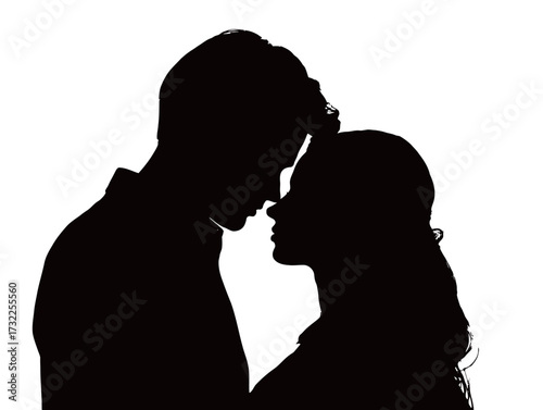 A couple stands close together, their foreheads touching in an intimate pose. The scene captures love and connection in a simple silhouette format, emphasizing their bond.