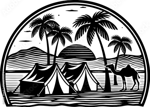 Vintage sketch vector of desert camp with tents, camels, palm trees and sunset