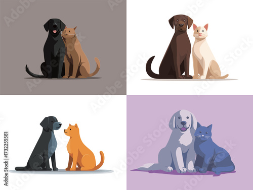Four illustrations depict playful interactions between dogs and cats in various colors. Each scene highlights their close bond and playful nature, creating a cheerful atmosphere.