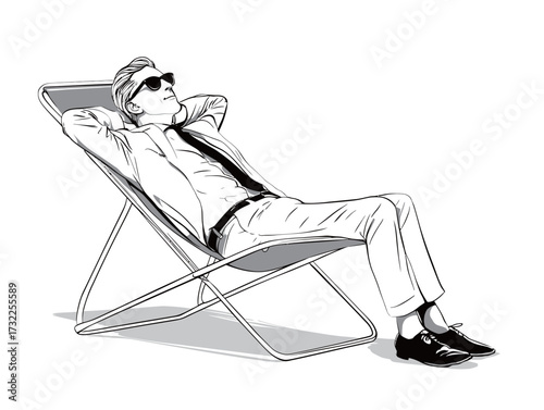 A man is reclining in a stylish chair with his hands behind his head and sunglasses on. He appears relaxed and enjoys a sunny day, dressed in a light outfit.