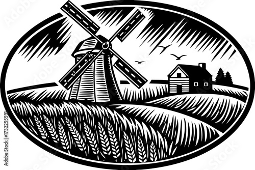 Vintage sketch vector of old wooden windmill with farmhouse and wheat fields