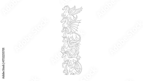 A vertical totem of mythical creatures including dragons, unicorns, and griffins in a detailed black and white line art style.