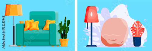Modern living room interior with contemporary furniture. Home decor collection of cozy armchair, lamp, and potted plant. Minimalist flat design illustration.
