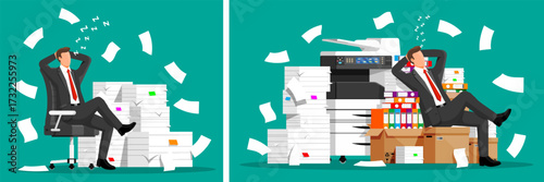 Businessman sleeping at work and sitting on document piles. Employee laziness and procrastination concept. Deadline problem.