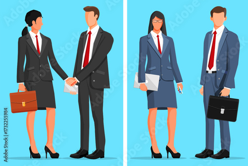 Two business women and two business men in suits. Business team partnership. Flat style stock vector set collection illustration.