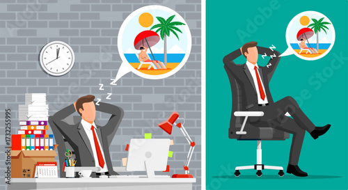 Businessman dreaming about summer vacation. Man sleeping on job with office work. Tired worker on desk. Stress and burnout concept.