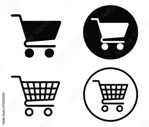 Shopping Cart Icons Set – Black Silhouettes and Grid Style Carts with Circular Button Variants for E-Commerce, Checkout, or Retail Interface