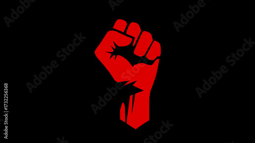A simple, bold red fist icon with sharp edges on a black background