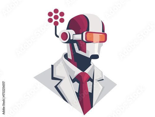 A sleek robot character wearing a suit and tie, complete with a virtual reality headset and unique styling. This design combines modern aesthetics with a futuristic look.