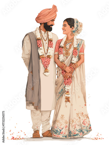 A groom in a turban and kurta stands beside a bride in a stunning saree, both adorned with traditional jewelry, showcasing their love and joy during their wedding.