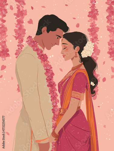 A happy couple in traditional wedding attire stands close together.