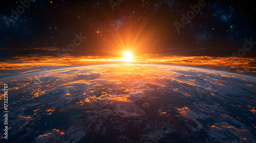 Fototapeta Naklejka Na Ścianę i Meble -  Majestic sunset shining over the blue planet Earth, with brilliant orange and pink tones lighting the clouds and sky, symbolizing global beauty and natural harmony.