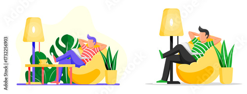 Man relaxing in bean bag chair. Leisure time activity. Indoor relaxation concept with simple flat vector style for web design.