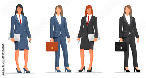 Four women in business suits. Businesswoman outfit collection. Corporate fashion wear design. Women in professional attire for office, work, flat style concept.
