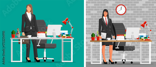 Business woman standing by office desk with accessories. Workplace concept illustration showing busy professional environment.