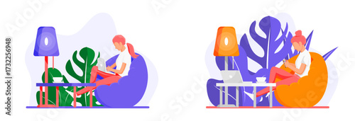 Woman working on laptop and checking phone. Remote workplace and freelance concept. Vector flat style illustration.