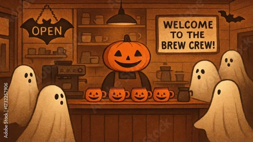 Obraz Halloween coffee shop with friendly pumpkin head barista and ghost customers celebrating spooky season in a cozy setting