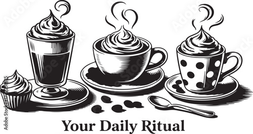 Coffee cups with whipped cream and steam illustration