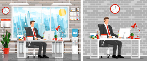 Businessman working at office desk with computer. Daily work in an urban office. Business and corporate life concept.