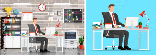 Man working at desk in office. Businessman sitting at laptop. Office workplace interior with various furniture and items. Flat style.