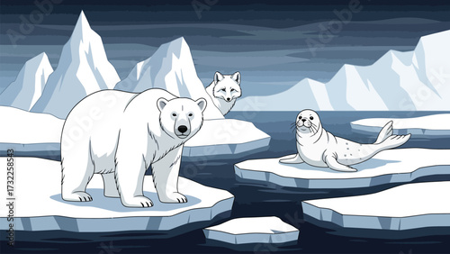 Arctic animals including a polar bear, fox, and seal on floating ice floes in the ocean.