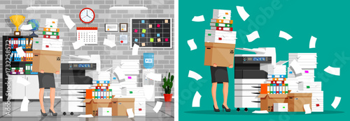 Woman holding box with document. Chaotic office scene with falling paper and mess. Business stress and burnout concept.