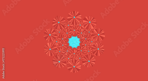 Red blossoms surround a central, fractured cyan shape