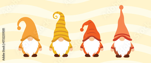 Autumn Gnomes illustration set. Gnomes vector set in orange and yellow hats. Cute Autumn clipart. Cute fall Gnomes clipart set.