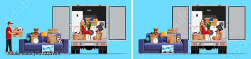 Mover man loads moving truck with furniture and boxes. Home relocation service. Delivery, transportation, mover logistic concept.