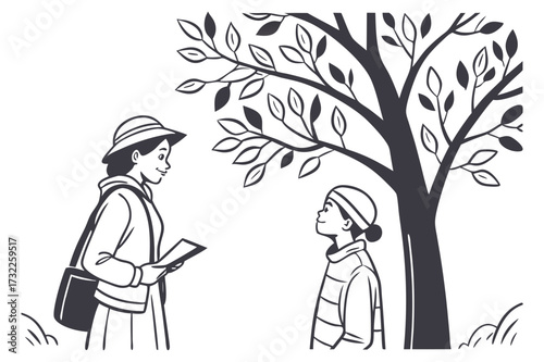Father and Child under Tree Silhouette Vector - Monochrome Outdoors Mentorship Graphic