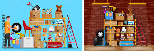 Man on blue background cleaning his garage with shelving full of items. Home storage concept featuring organized boxes and various household things.