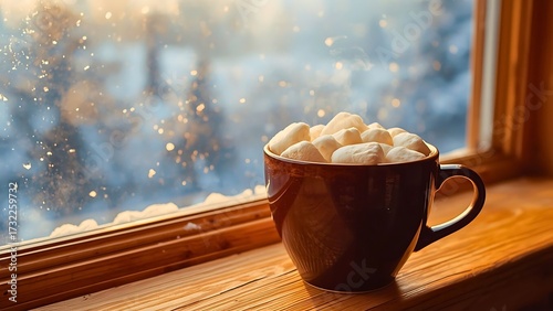 Hot Chocolate Mug by Snowy Window