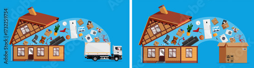Furniture and home appliance moving from vintage house to paper box or truck. Relocation and transportation concept. For logistics.