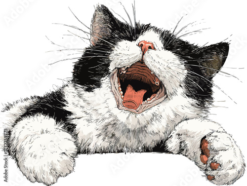 A playful black and white cat is yawning widely with its paws stretched out in front. The scene shows the cats fluffy fur and relaxed demeanor, suggesting contentment.