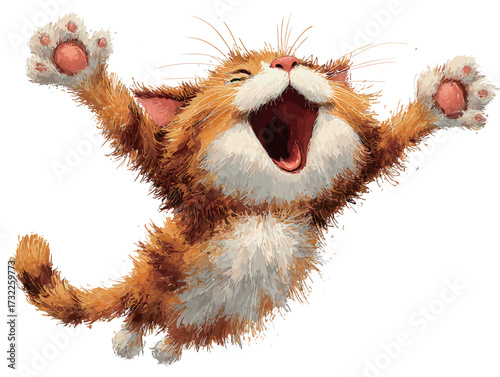 An orange cat with fluffy fur leaps into the air, showcasing its playful spirit and joy. The joyful expression captures a moment of pure happiness and energy.