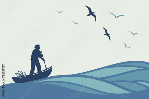 Hilly Nature Landscape with Large Tree Silhouette Vector - Tonal Blue Graphic