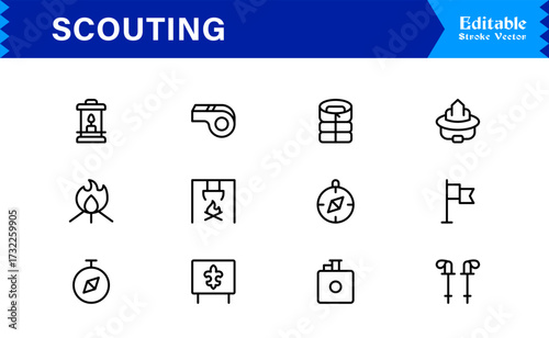 Professional Scouting Line Icon Set Featuring Modern, Minimal, Unique Designs for Outdoor Exploration, Adventure, Tracking, and Navigation