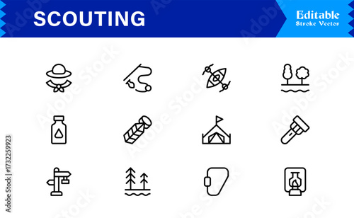 Professional Scouting Line Icon Set Featuring Modern, Minimal, Unique Designs for Outdoor Exploration, Adventure, Tracking, and Navigation