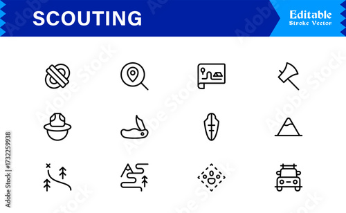 Professional Scouting Line Icon Set Featuring Modern, Minimal, Unique Designs for Outdoor Exploration, Adventure, Tracking, and Navigation
