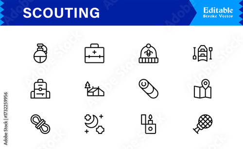 Professional Scouting Line Icon Set Featuring Modern, Minimal, Unique Designs for Outdoor Exploration, Adventure, Tracking, and Navigation