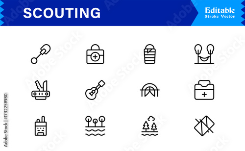 Professional Scouting Line Icon Set Featuring Modern, Minimal, Unique Designs for Outdoor Exploration, Adventure, Tracking, and Navigation