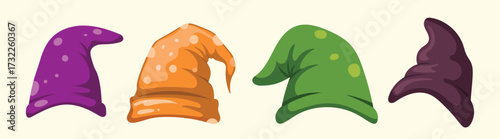 Gnome Hats Vector Bundle. Colorful spooky hats lineup on a light background, fall Halloween clip art.