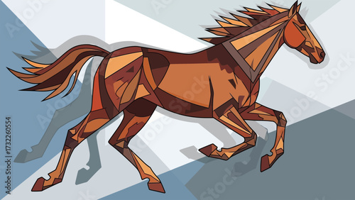 Stylized geometric brown horse galloping with an abstract polygonal background.