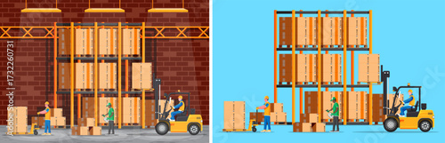 Men warehouse workers and forklift in storage. Logistic manager inspecting inventory. Supply chain and freight shipping service.